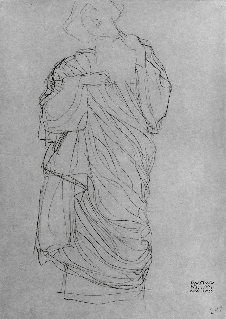 Klæbet stående kvinde holder kort, (blyant på brunt papir) af Gustav Klimt