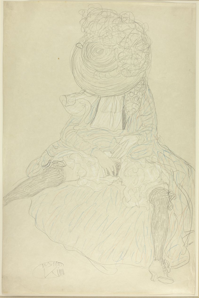 Siddende kvinde forfra med hat, ansigtshætte af Gustav Klimt
