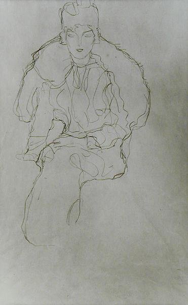 Siddende kvinde med pelsbind og hovedbeklædning af Gustav Klimt