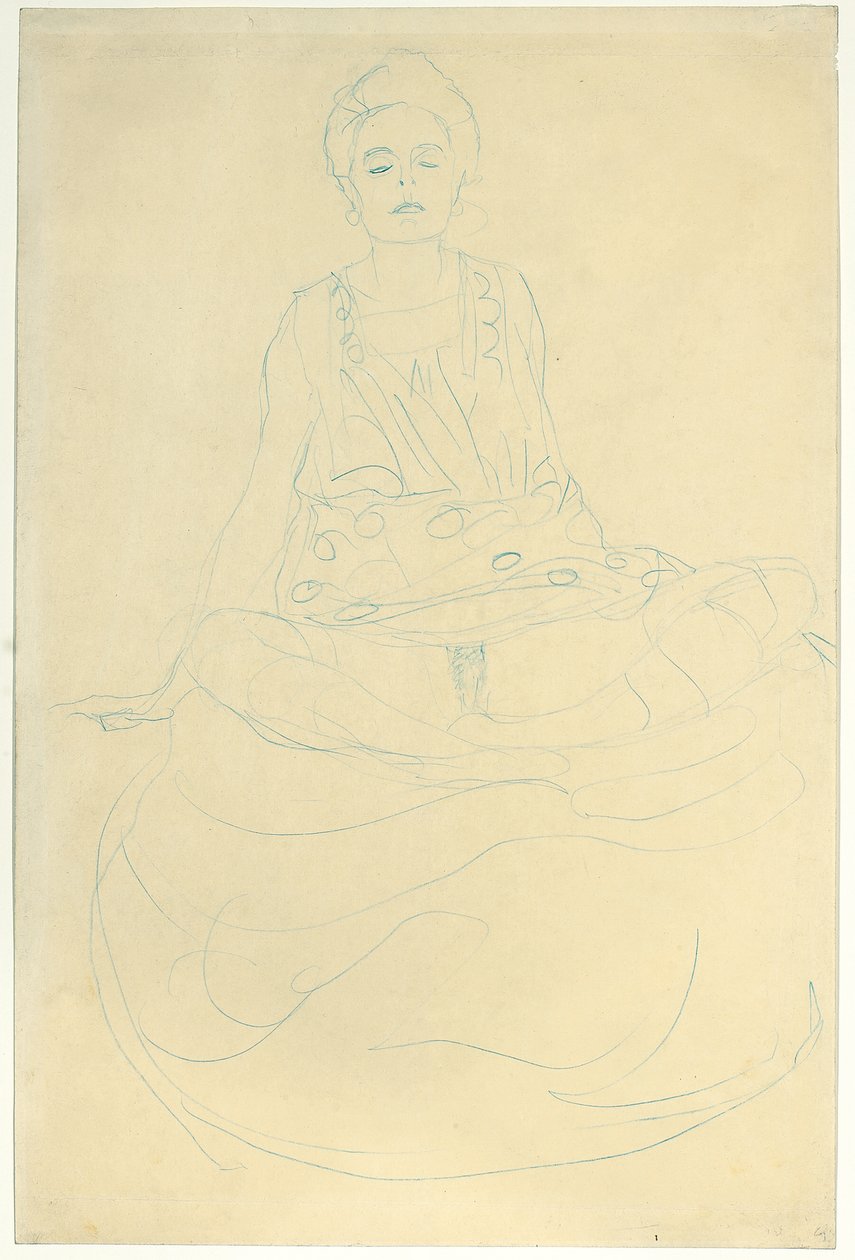 Siddende halvnøgen forfra, ca. 1907 (blyant på papir) af Gustav Klimt