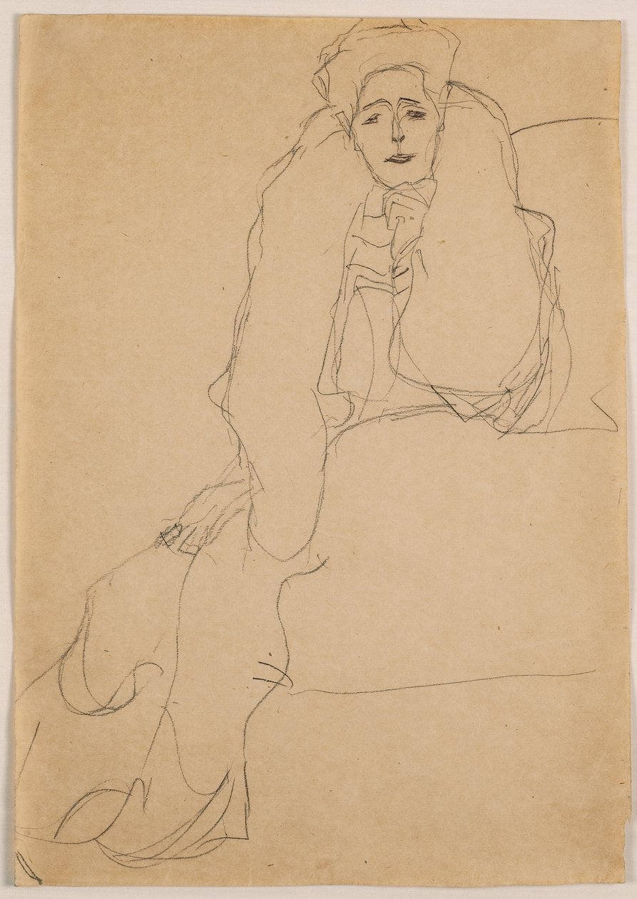 Siddende til venstre, overkroppen læner sig fremad; Siddende venstre, torso fremad, venstre støttet op, 1904-1905 af Gustav Klimt