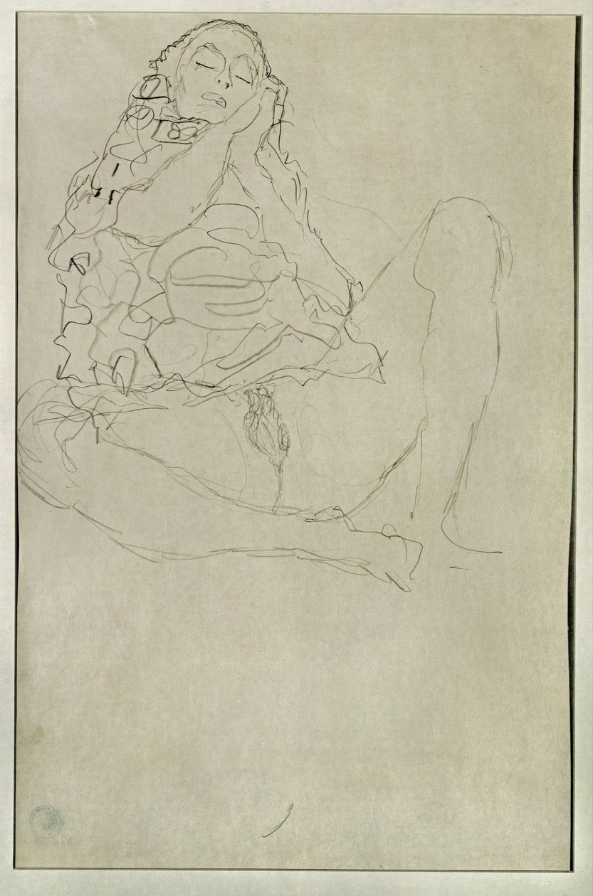 Sidder halvnøgen med lukkede øjne af Gustav Klimt