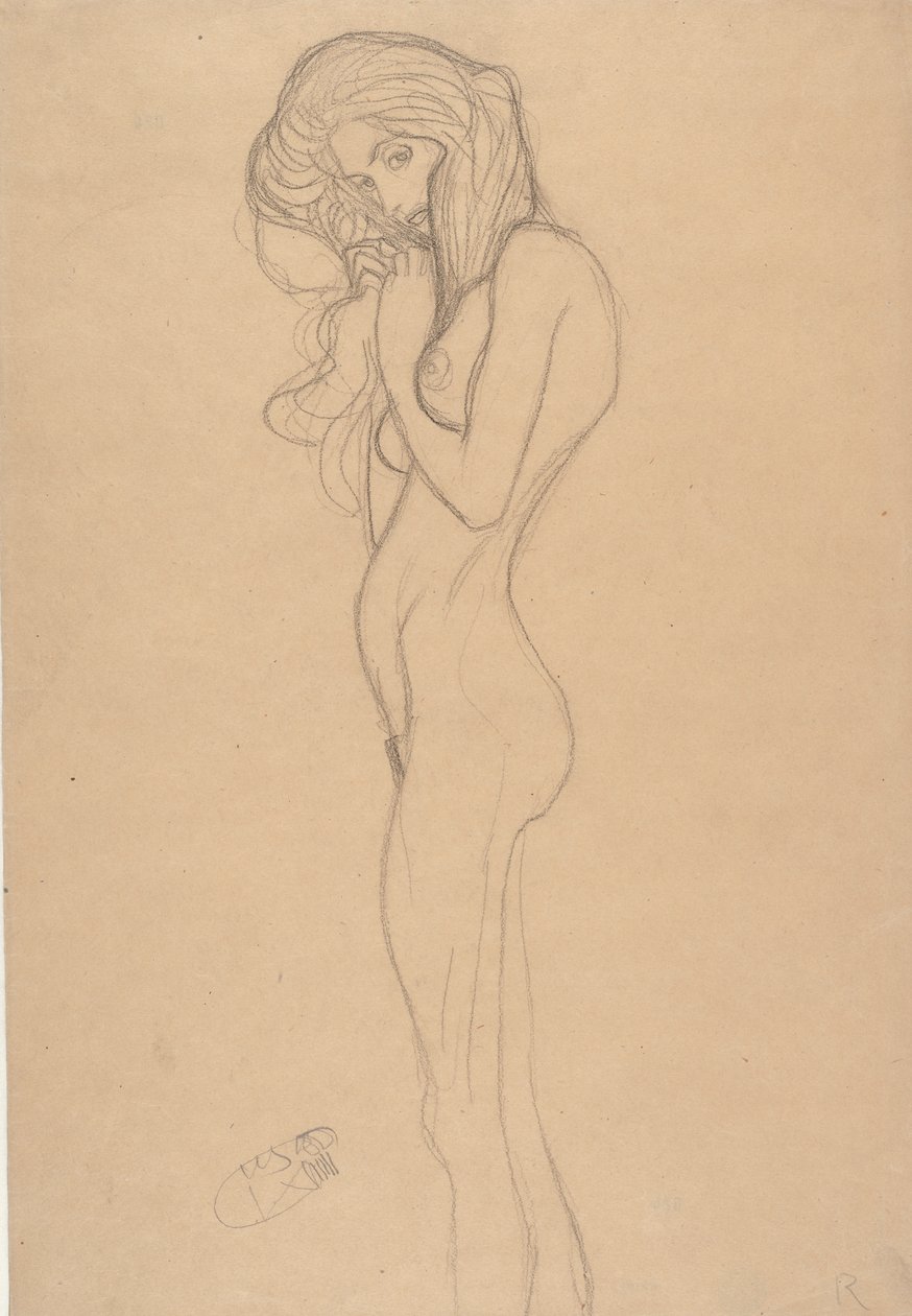 Stående kvindelig nøgenstudie til Beethoven-frisen, 1901. af Gustav Klimt