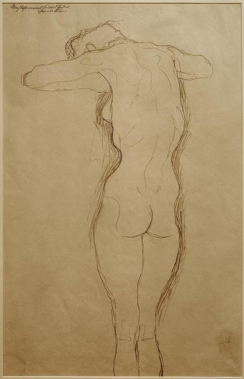 Stående nøgen fra ryggen, arme bøjet vandret (undersøgelse) af Gustav Klimt