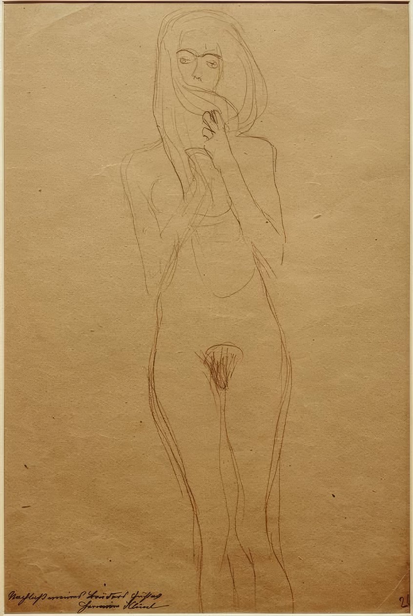 Stående kvinde nøgen, hendes mund dækket af hår af Gustav Klimt