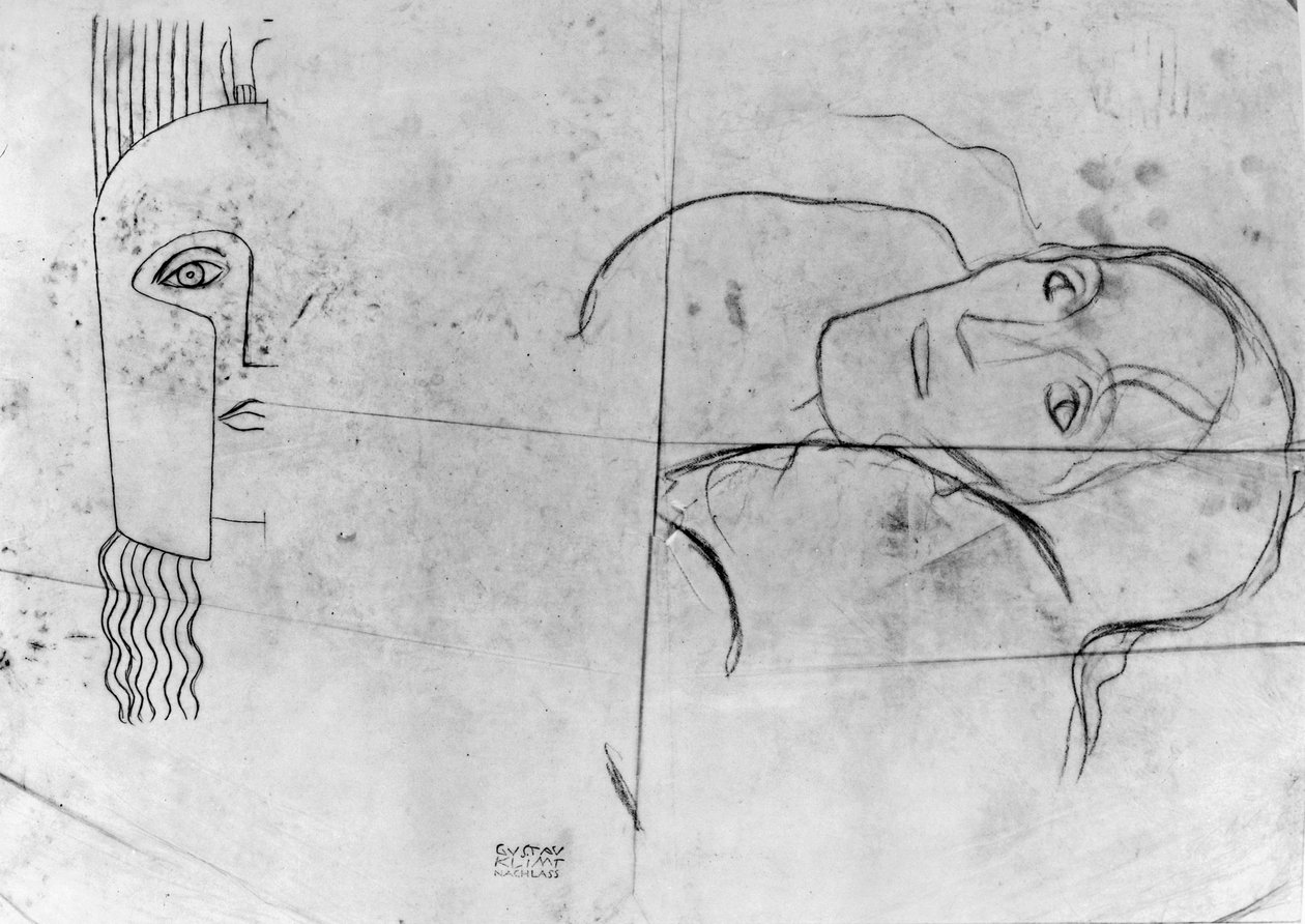 Studier til Ver Sacrum 1900 - Pallas Athene and a Tragic Head, 1897-98 (blyant og blå farveblyant på kalkerpapir) af Gustav Klimt
