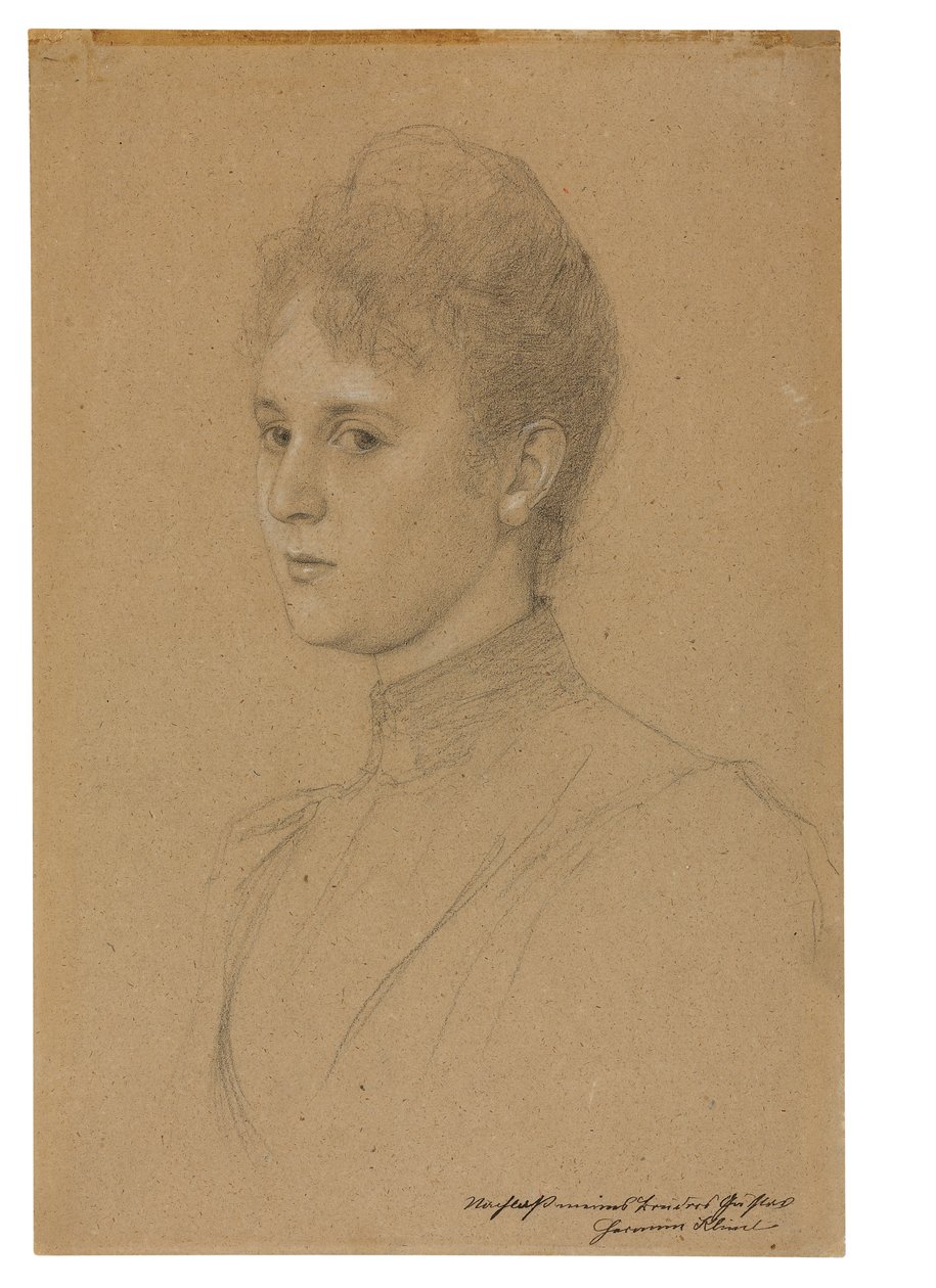Studie til et portræt (fru Heymann), ca. 1892 (blyant med hvid overstregning på blødt papir) af Gustav Klimt