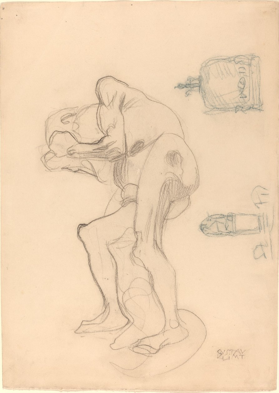 Studie af en nøgen gammel kvinde, der knytter sine næver, og to dekorative genstande af Gustav Klimt