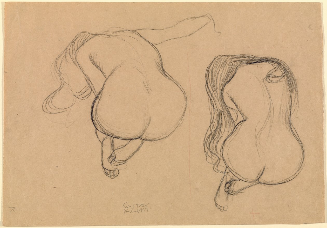 To studier af en siddende nøgenmodel med langt hår af Gustav Klimt