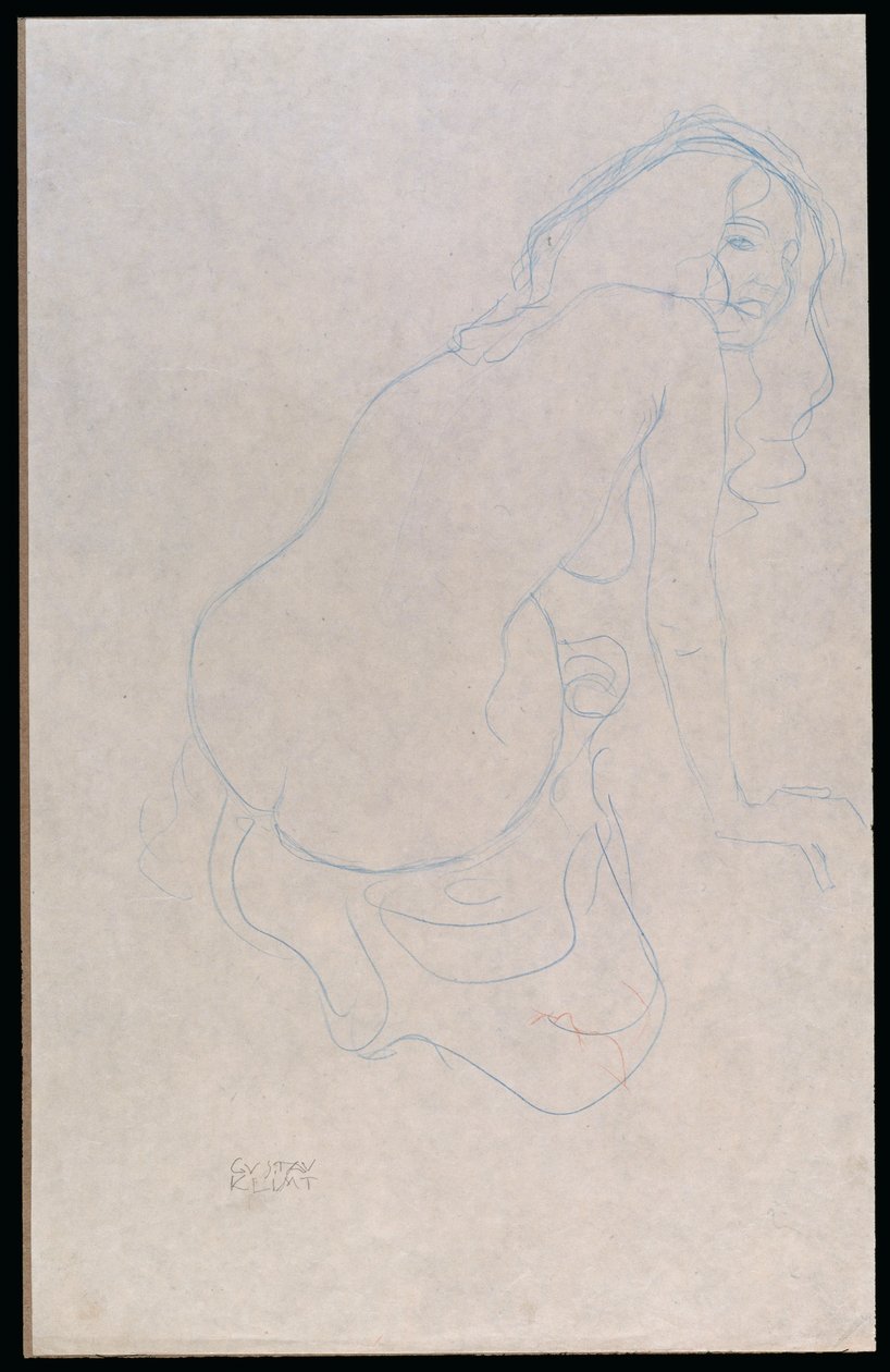 Kvinde læner sig til højre med langt hår, ca. 1910-11 af Gustav Klimt