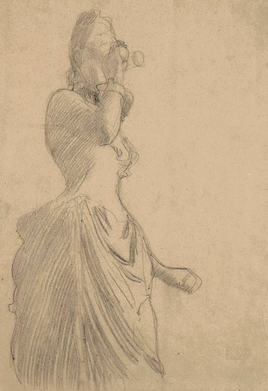 Kvinde med kikkert, ca. 1888 (sort kridt på tonet lagenpapir) af Gustav Klimt