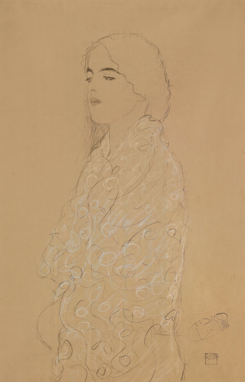 Kvinde med et hvidt sjal (blyant med hvidt og rødt kridt på papir) af Gustav Klimt
