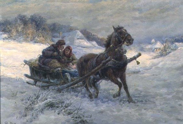 Kanetur om vinteren (olie på panel) af Gustav Prucha