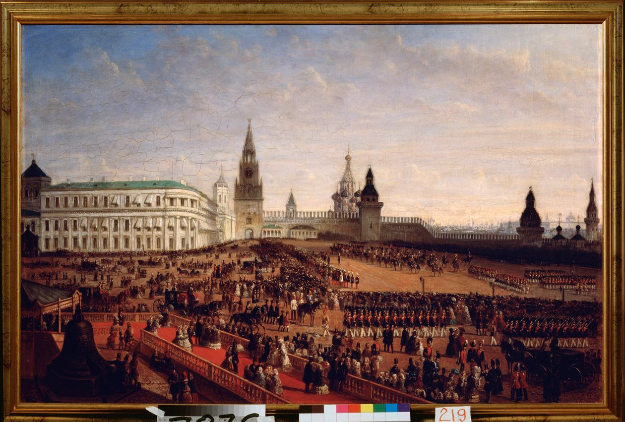 Militærparade under kroningen af ​​kejser Alexander II (1818-1881) i Kreml i Moskva, 18. februar 1855. Maleri af Gustav Schwarz (ca. 1800-efter 1855), olie på lærred af Gustav Schwarz