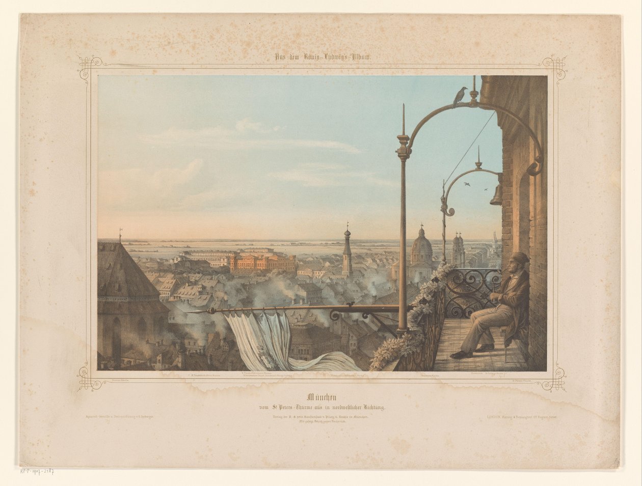 Udsigt over München set fra Peterskirken München vom St. Peters-Thürme aus i nordwestlicher Richtung (titel på objekt) Album præsenteret for Louis I af Bayern (serietitel) König-Ludwigs Album (serietitel på objekt) af Gustav Seeberger