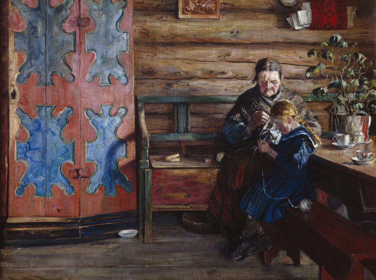 Gårdinteriør med barnebarn (olie på lærred) af Gustav Wentzel