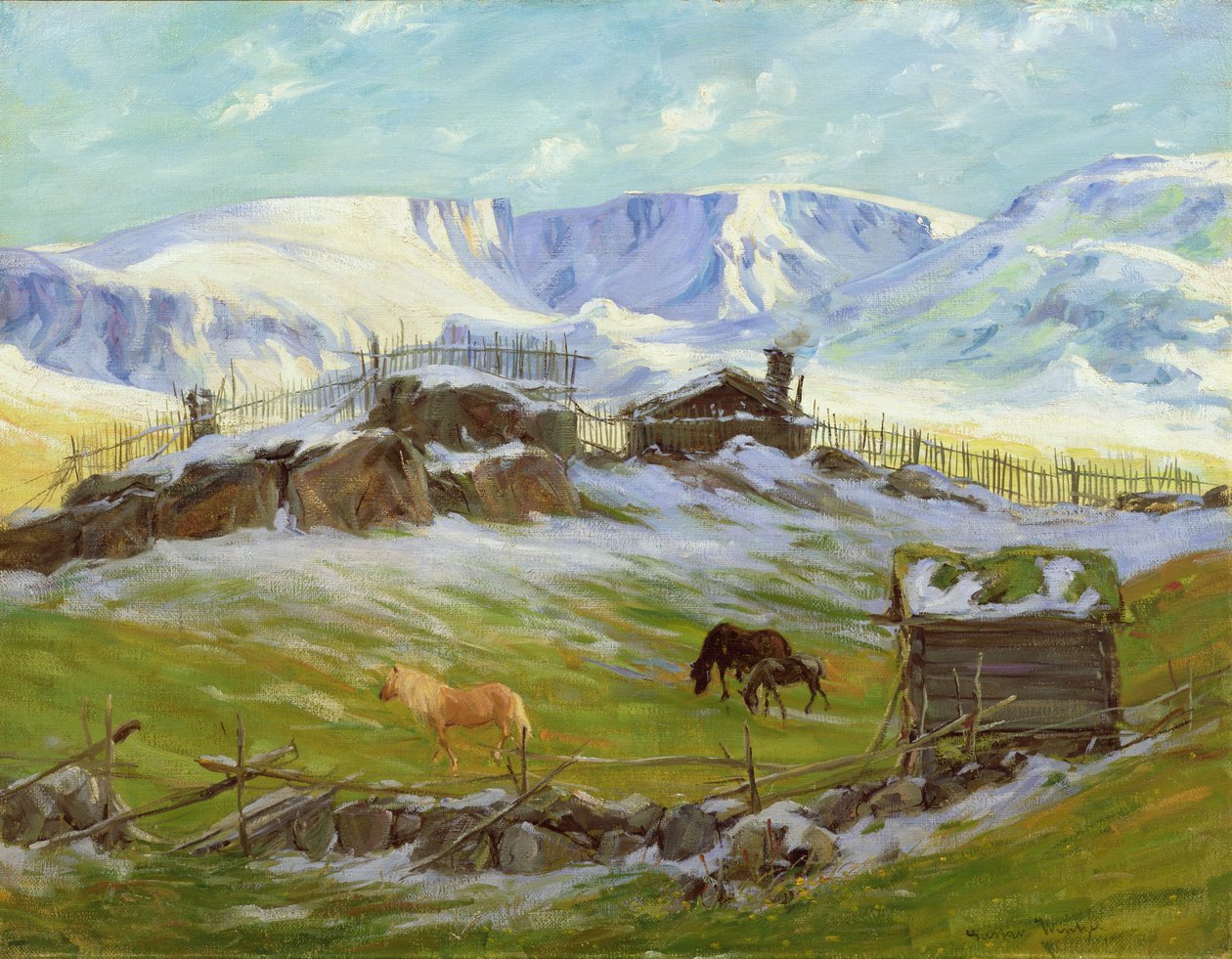 Morgensol over bjerget, Vaga (olie på lærred) af Gustav Wentzel