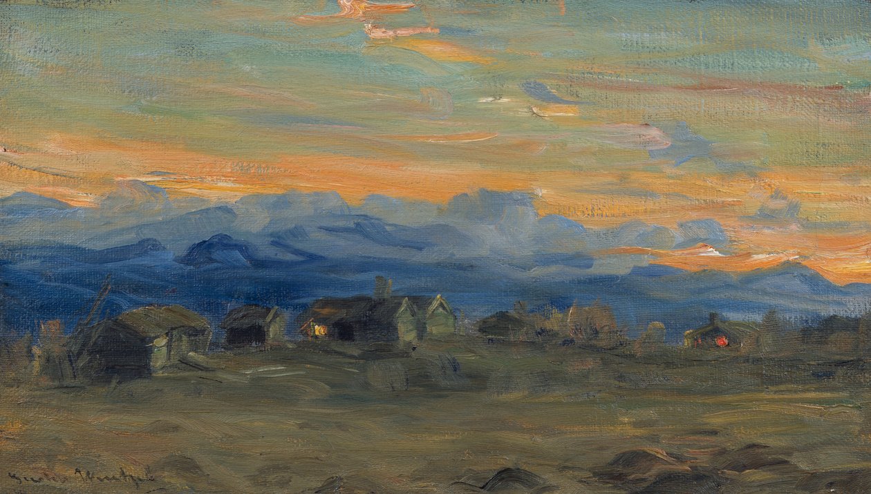 Bjerggård i aftenlys af Gustav Wentzel