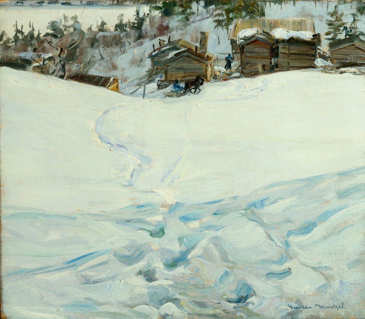 Bjerggård i vinterlandskab (olie på lærred) af Gustav Wentzel
