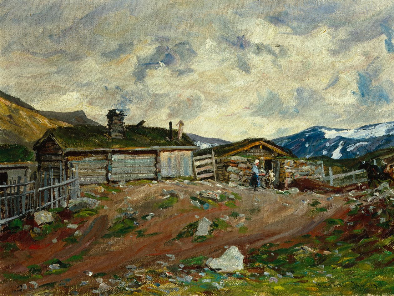 Bjerggård med kvinde og ko af Gustav Wentzel