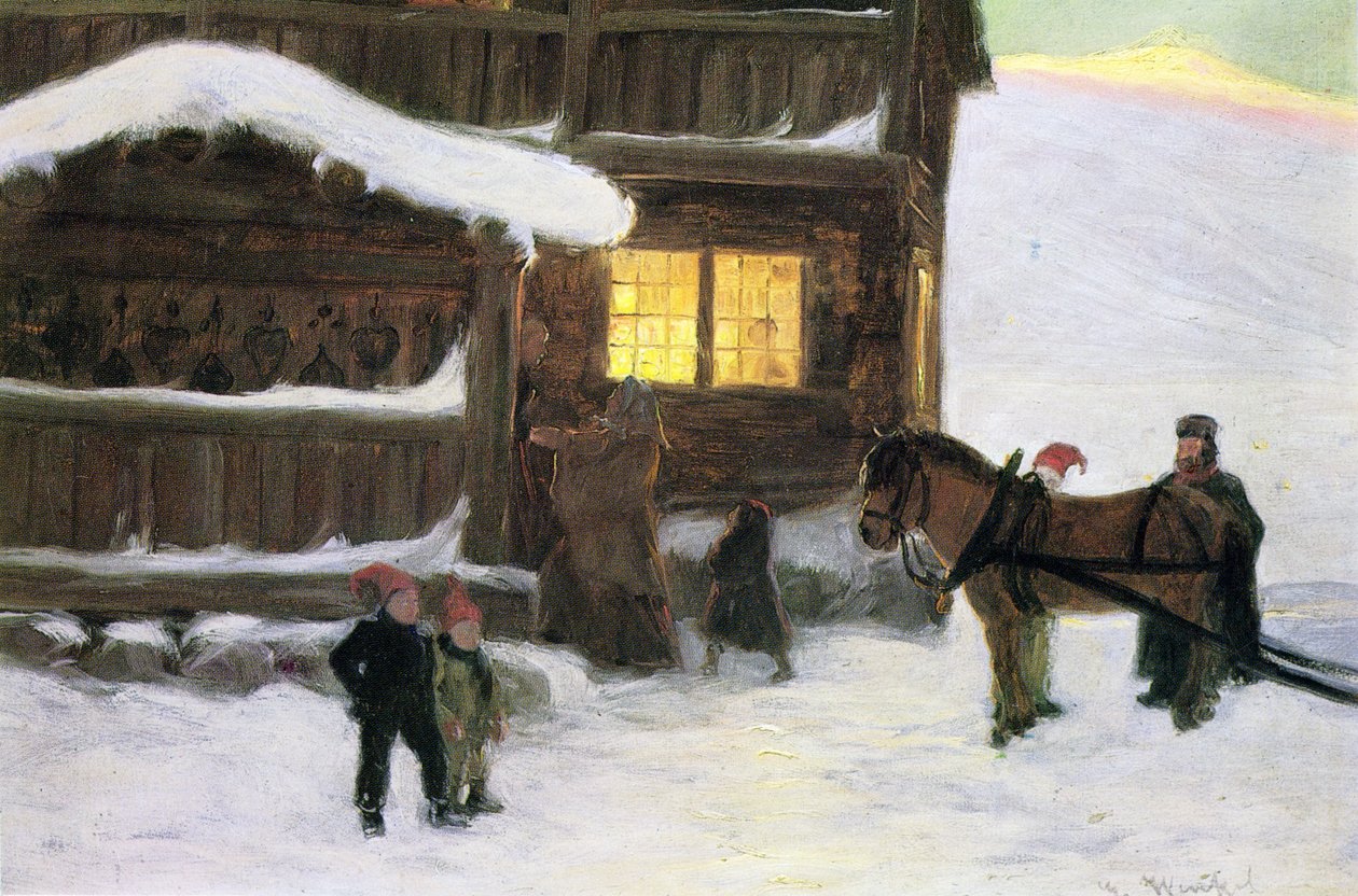 Gæsterne ankommer (farve litho) af Gustav Wentzel
