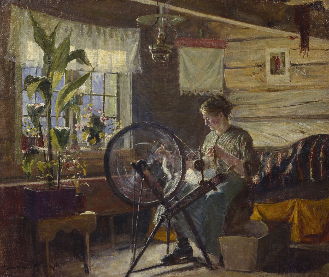 Kvinde i stuehusinteriør (oi på lærred) af Gustav Wentzel
