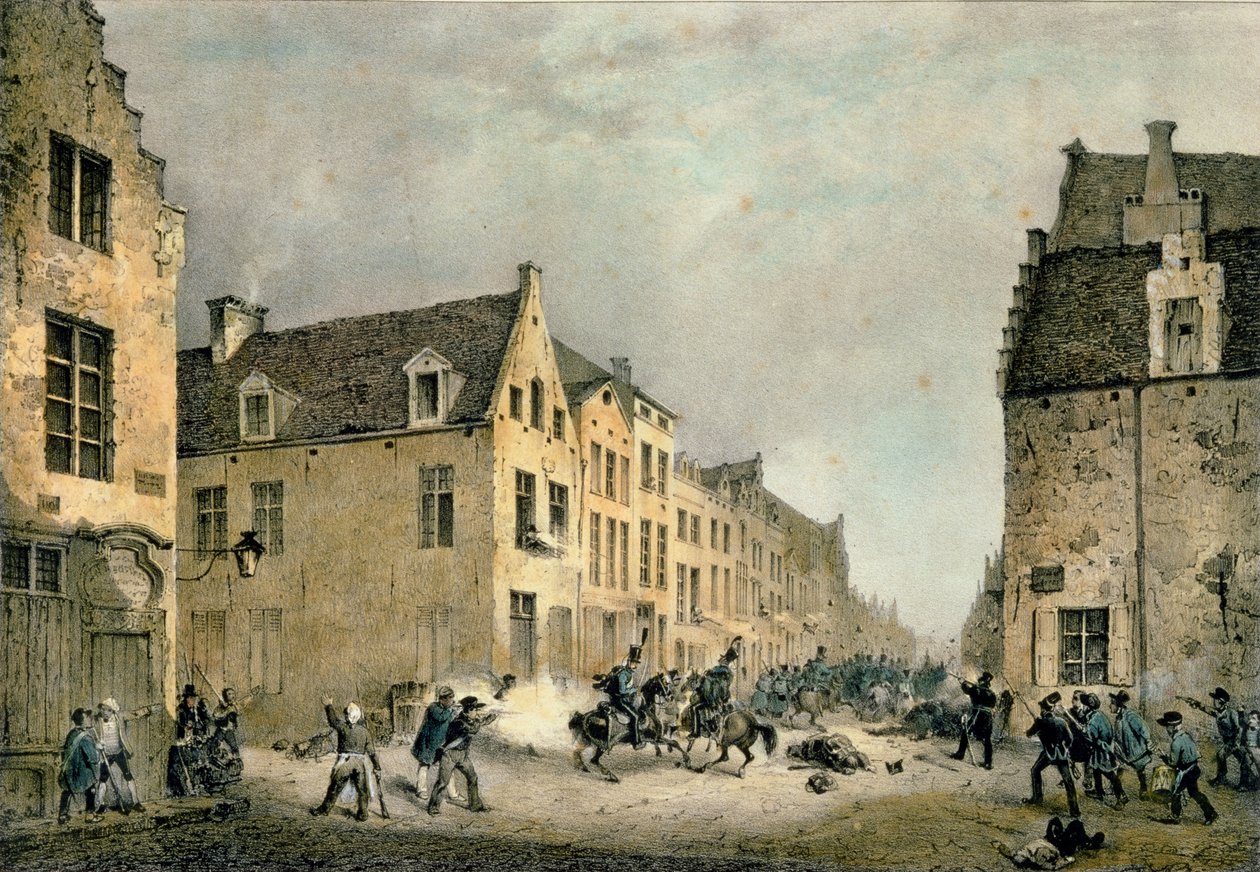 Afledning af en hollandsk afdeling ved Porte de Flandre, Bruxelles, 23. september 1830, indgraveret af Jean Baptiste Madou (1796-1877) af Gustave Adolphe Simoneau