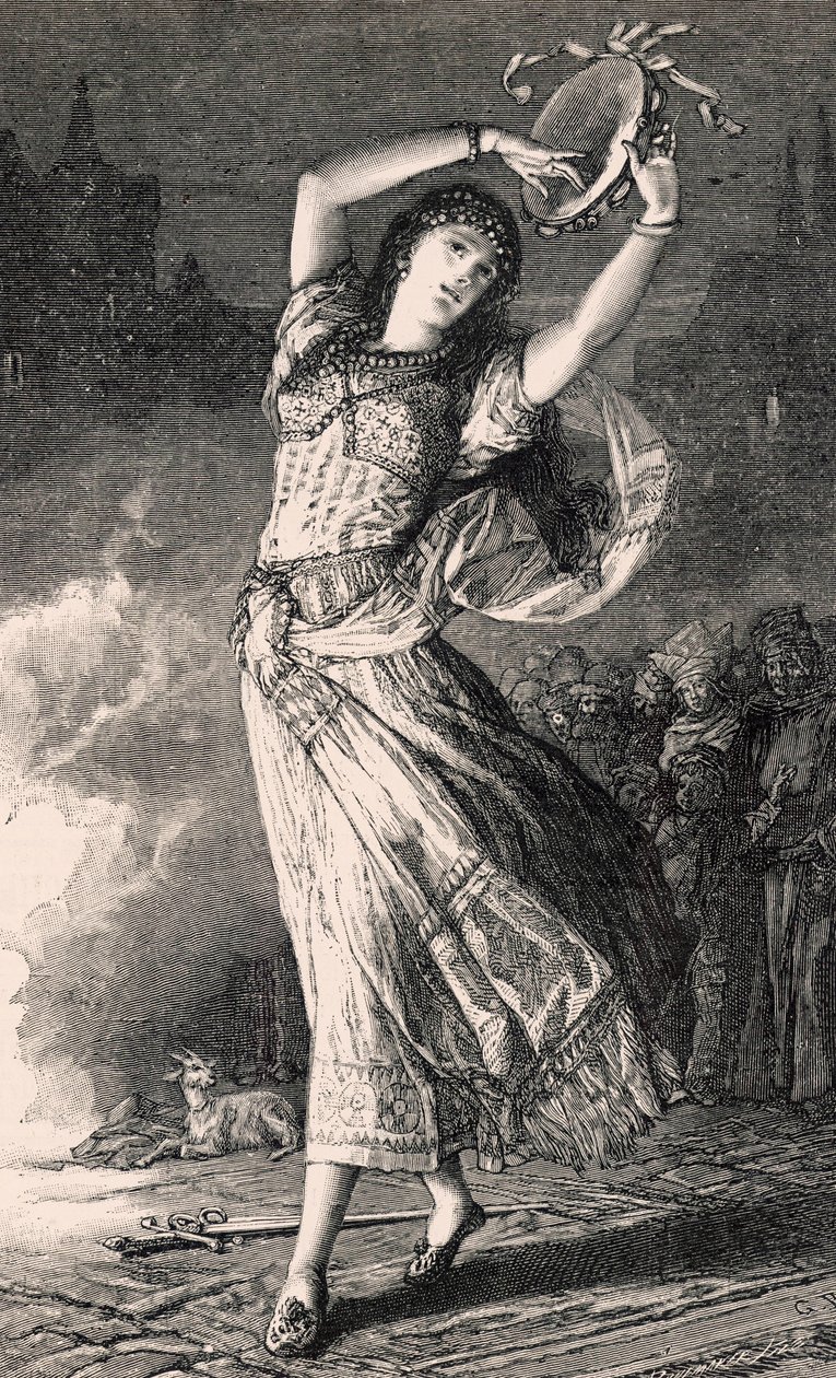 La Esmeralda - illustration fra Notre Dame de Paris, 1800-tallet (bw-gravering) af Gustave Brion
