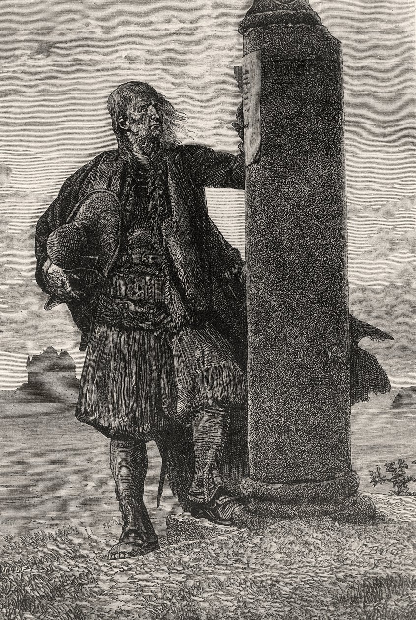 Markisen af Lantenac læser en ordre om hans arrestation på en søjle - illustration fra Quatre Vingt Treize, 1800-tallet (bw-gravering) af Gustave Brion