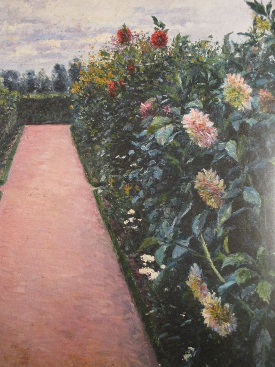 Havesti og senge af georginer af Gustave Caillebotte