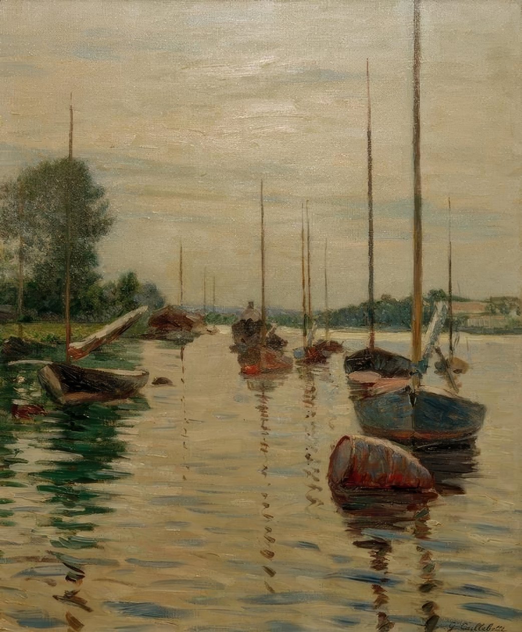 Både ankret på Seinen af Gustave Caillebotte