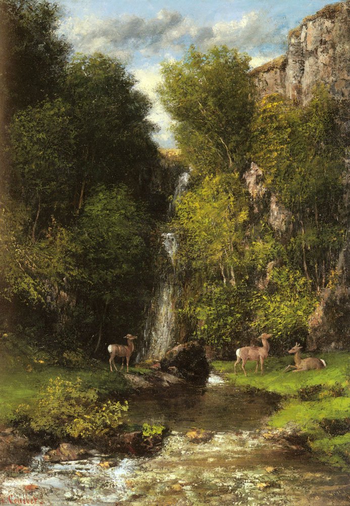 En familie af rådyr i et landskab med et vandfald af Gustave Courbet