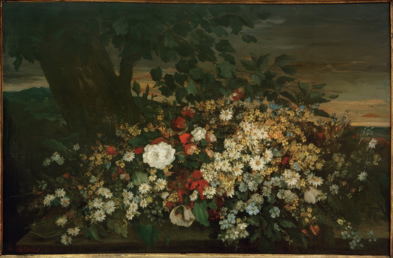 Blomster på en bænk af Gustave Courbet