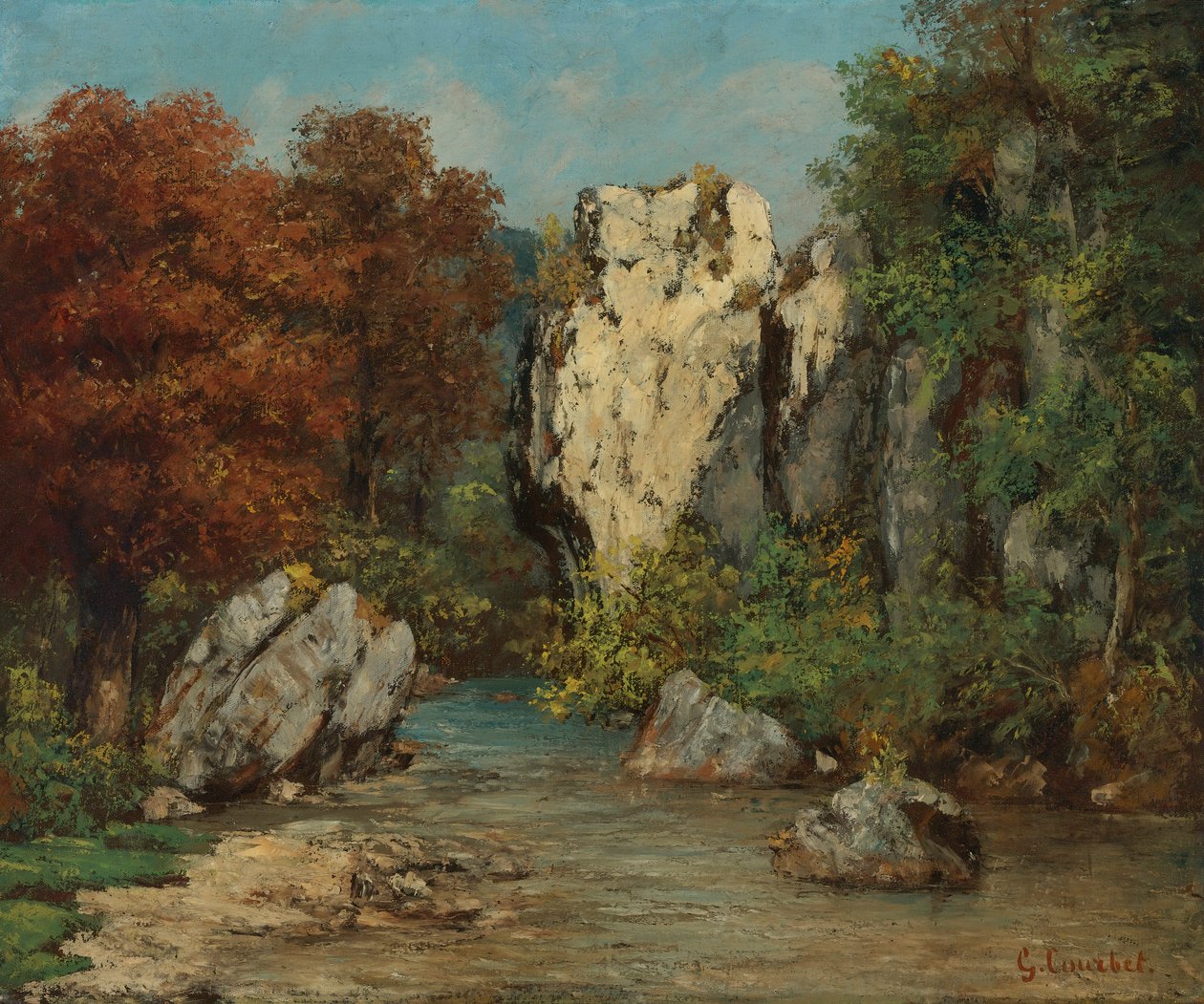 Landskab med å og klippe af Gustave Courbet