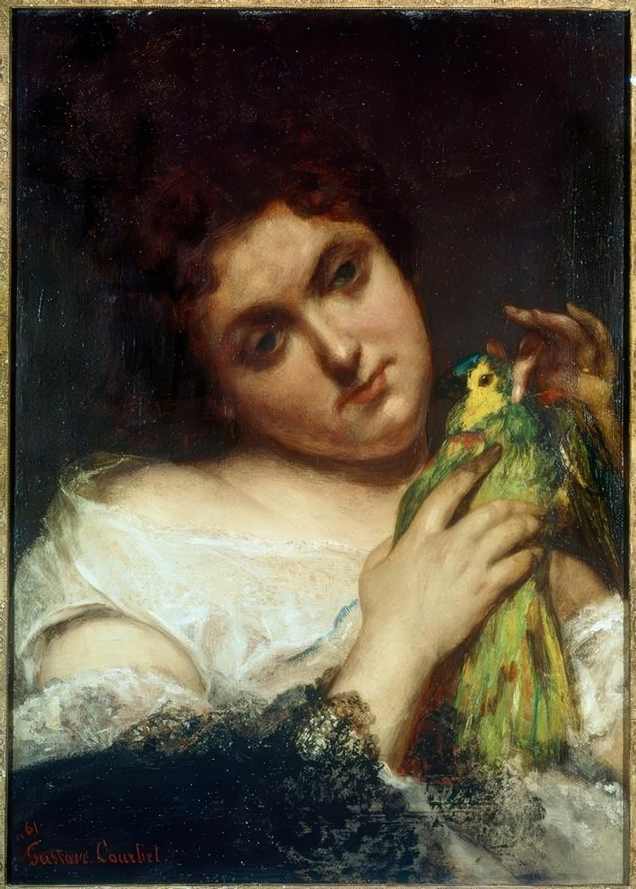 Portræt af en kvinde, der bærer en papegøje (La femme au parroquet af Gustave Courbet