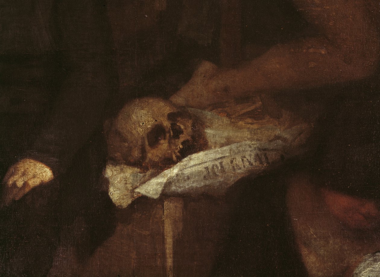 The Artists Studio detalje af kraniet, der hviler på nogle aviser, 1854-1855 olie på lærred af Gustave Courbet