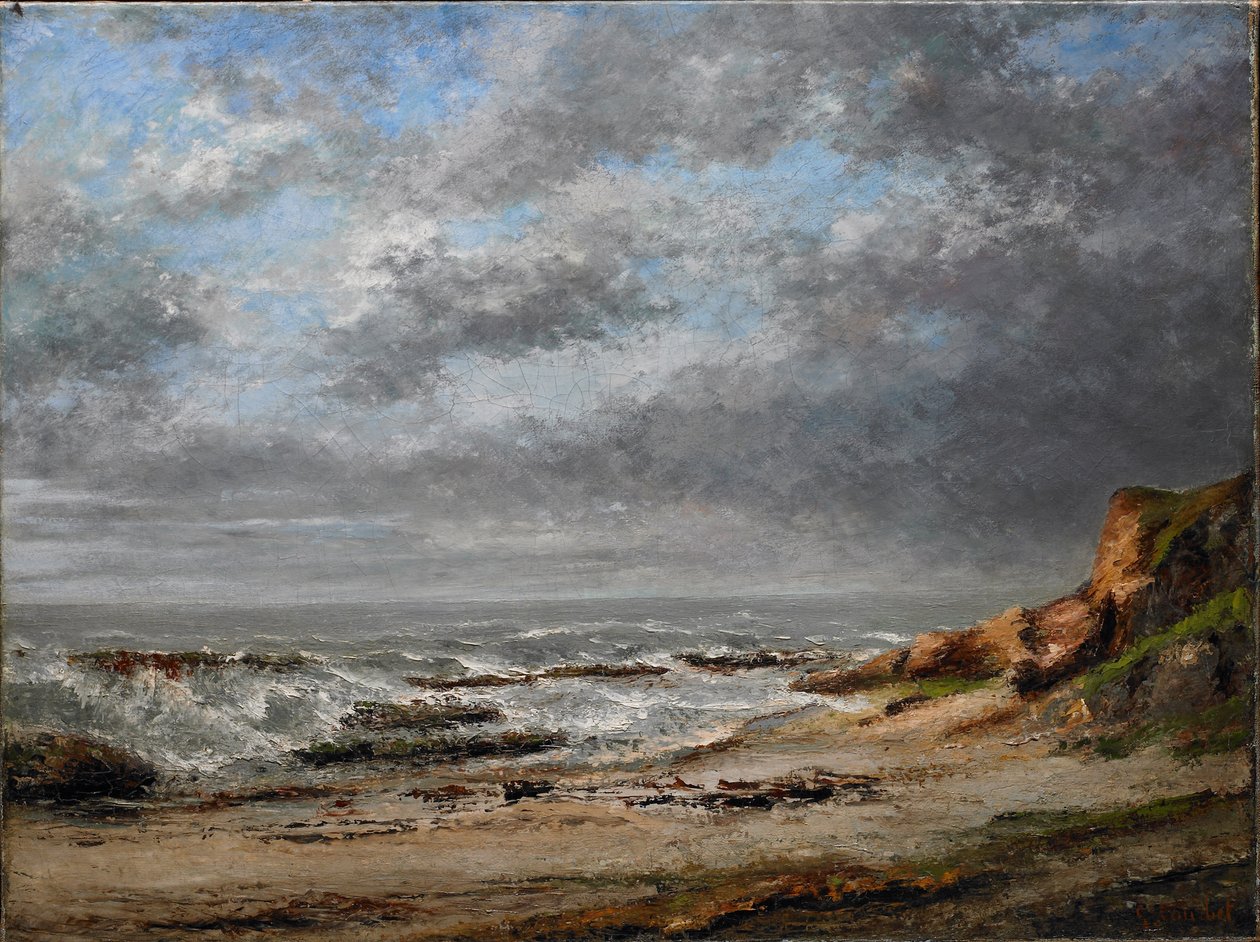 Udsigt over et hårdt hav nær en klippe af Gustave Courbet
