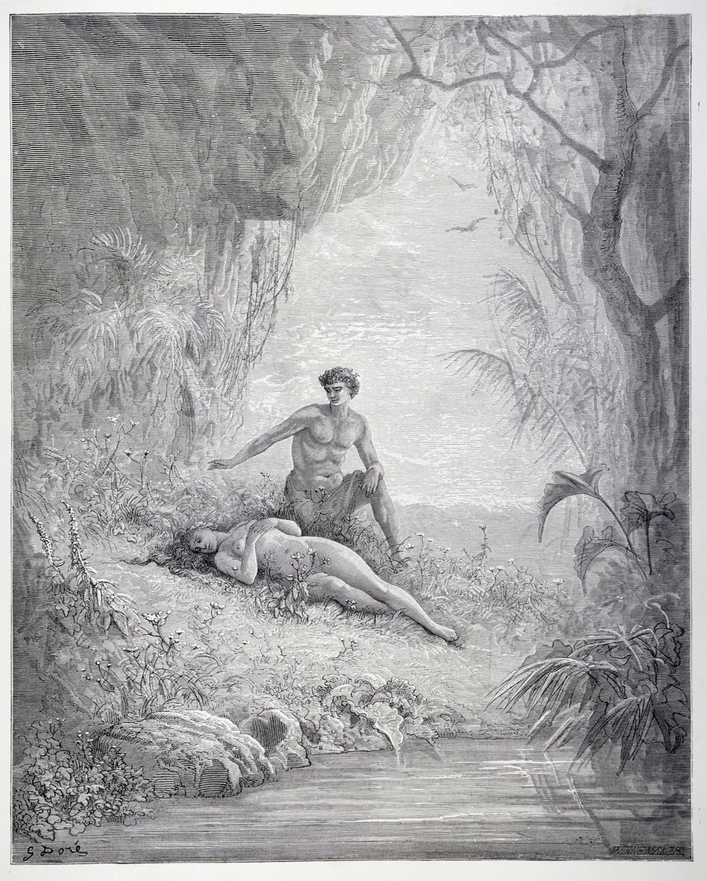 Adam og Eva, fra bog V i "Det tabte paradis" af John Milton (1608-74), graveret af Stephane Pannemaker (1847-1930) ca. 1868 af Gustave Dore