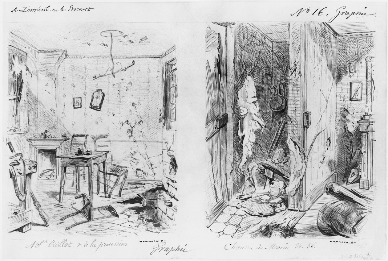 Album af belejringen af ​​Paris, Maison Caillot rue de la Procession, Chaussee du Maine (vask med pen og brun blæk og blyant på papir) af Gustave Dore