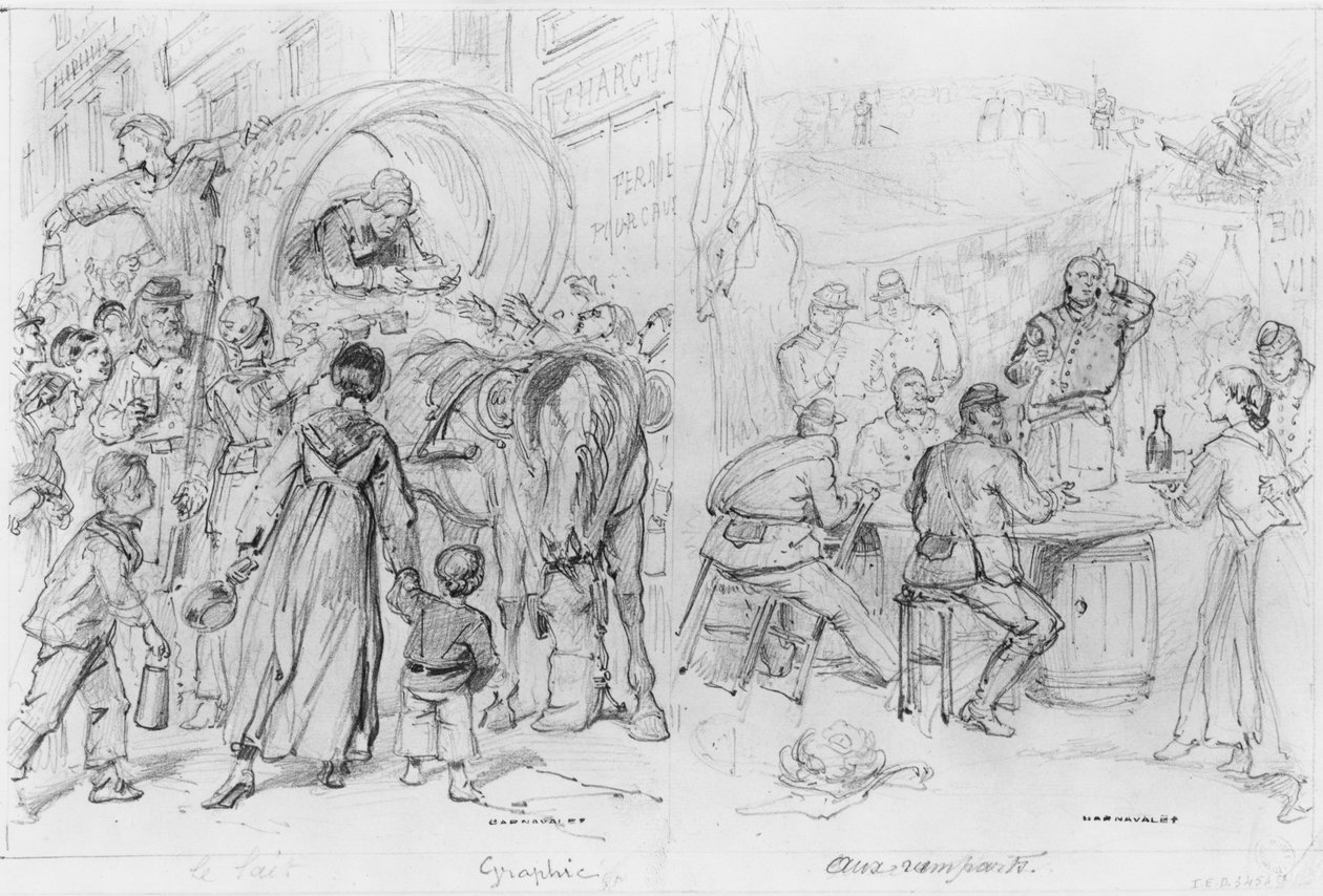 Album af belejringen af Paris, mælk, volde (pen og brun blækvask og blyant på papir) af Gustave Dore