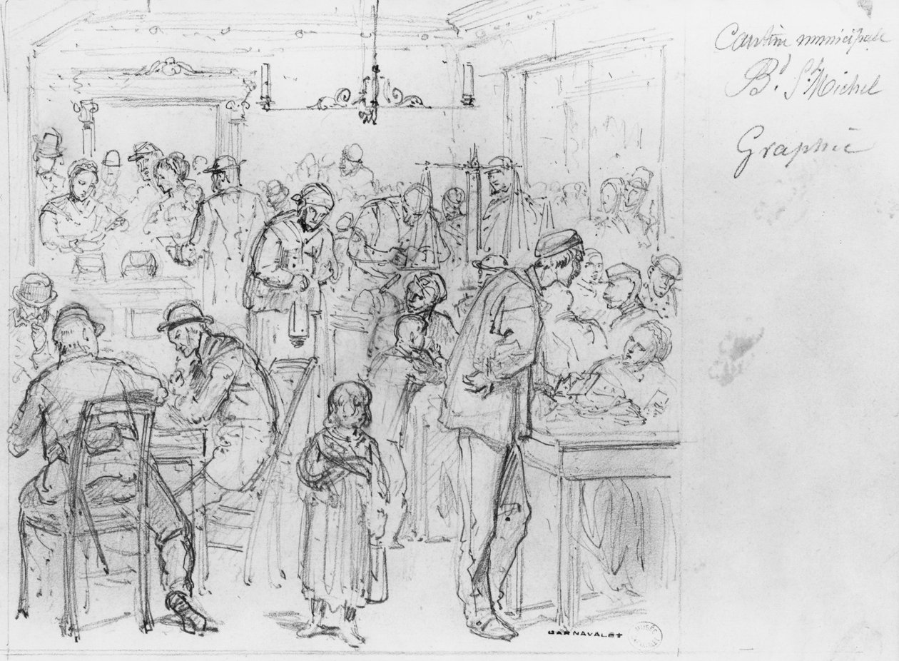 Album af belejringen af Paris, kommunal kantine Boulevard St. Michel (pen og brun blæk vask og blyant på papir) 88;cantine Municipale Boulevard Saint-Michel; Helgen; St; bw foto; sort/hvid fotogr af Gustave Dore