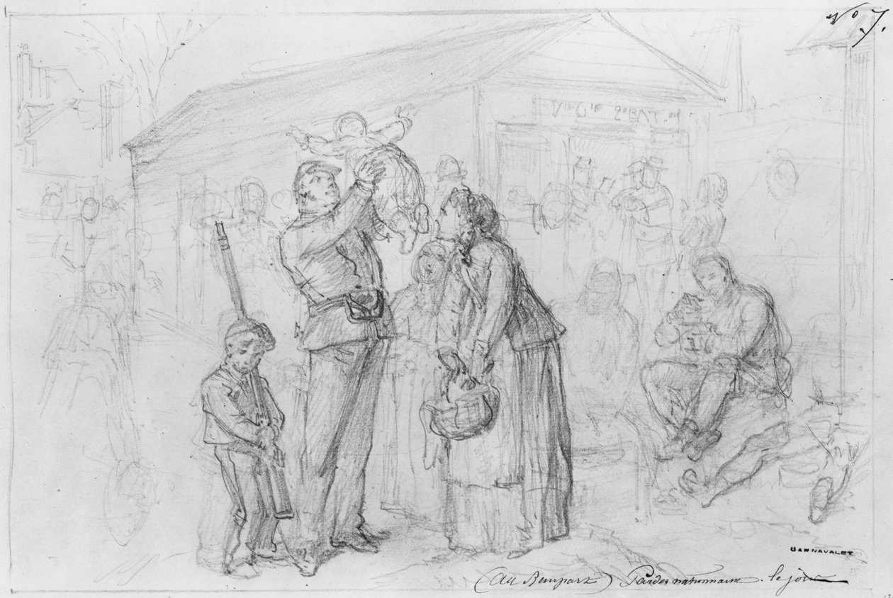 Album af belejringen af Paris, nationalgarden ved voldene om dagen (pen og brun blækvask og blyant på papir) af Gustave Dore