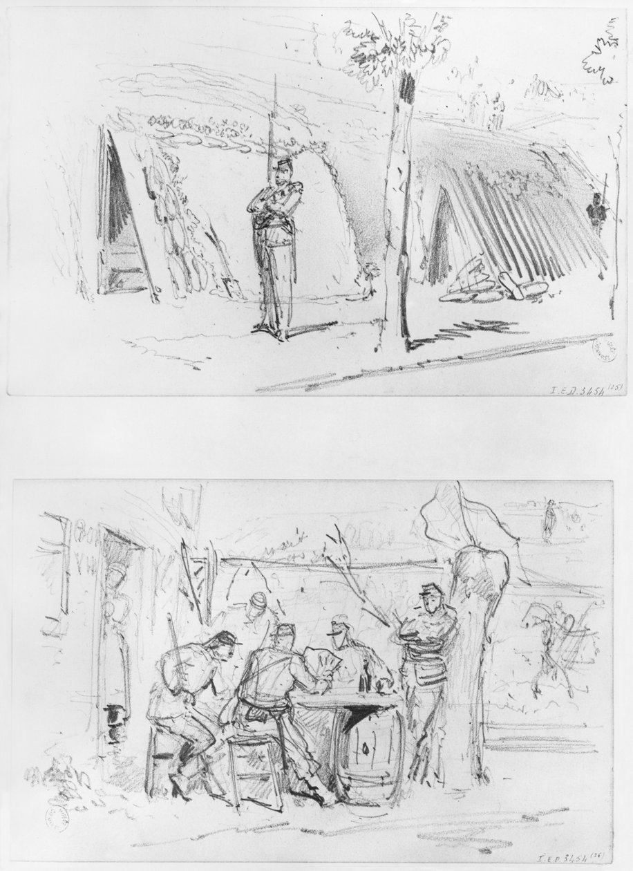 Album of the Siege of Paris, Sentry, Guards (pen og brun blækvask og blyant på papir) af Gustave Dore
