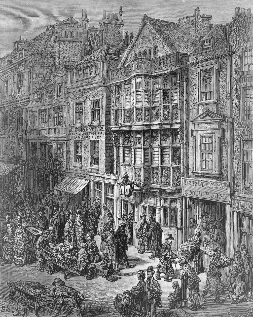 Bishopsgate Street, fra "London, a Pilgrimage", skrevet af William Blanchard Jerrold (1826-94) og graveret af A. Sargent, udgivet af A. Sargent, pub. 1872 af Gustave Dore