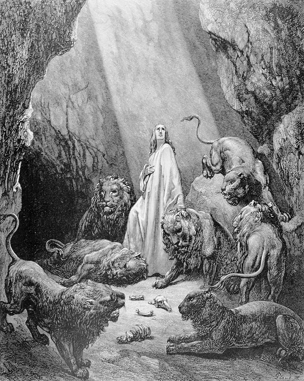 Daniel i Løvehulen, graveret af Antoine Alphee Piaud, ca. 1868 af Gustave Dore
