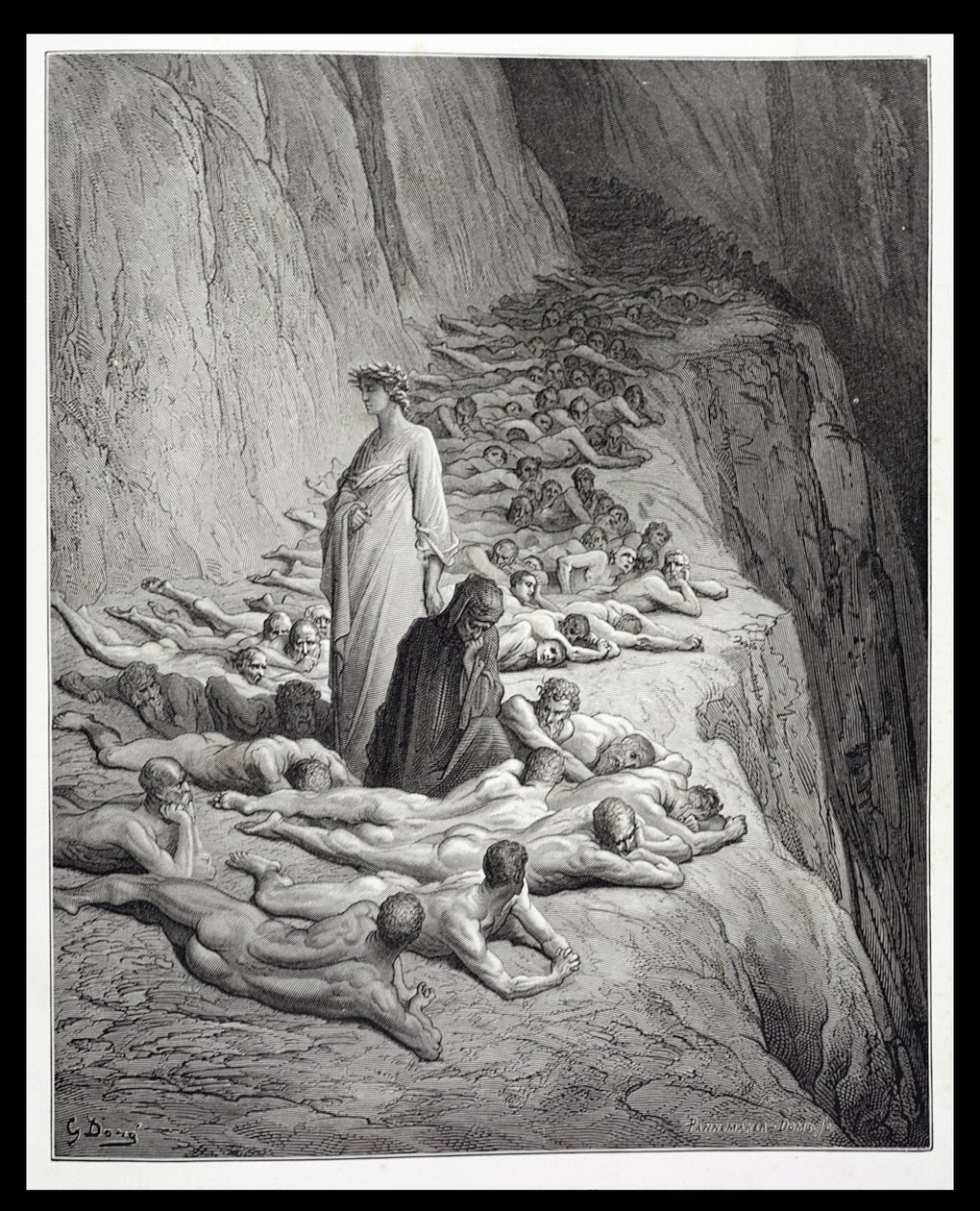 Dante og pave Adrian V, fra Den guddommelige komedie (Purgatorio) af Dante Alighieri (1265-1321) indgraveret af Stephane Pannemaker (1847-1930) ca. 1868 af Gustave Dore