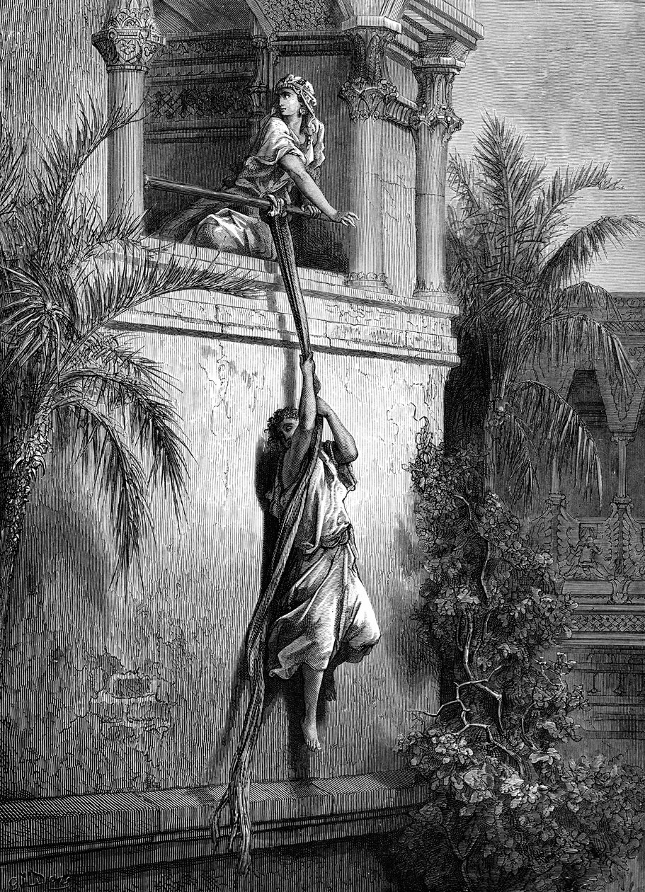 Davids flugt gennem vinduet, af Doré. - Bibel af Gustave Dore