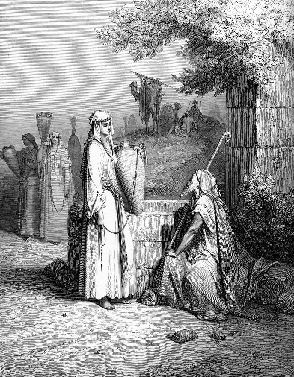 Eliezer og Rebekka Rebecca, gravering af Doré. - Bibel af Gustave Dore