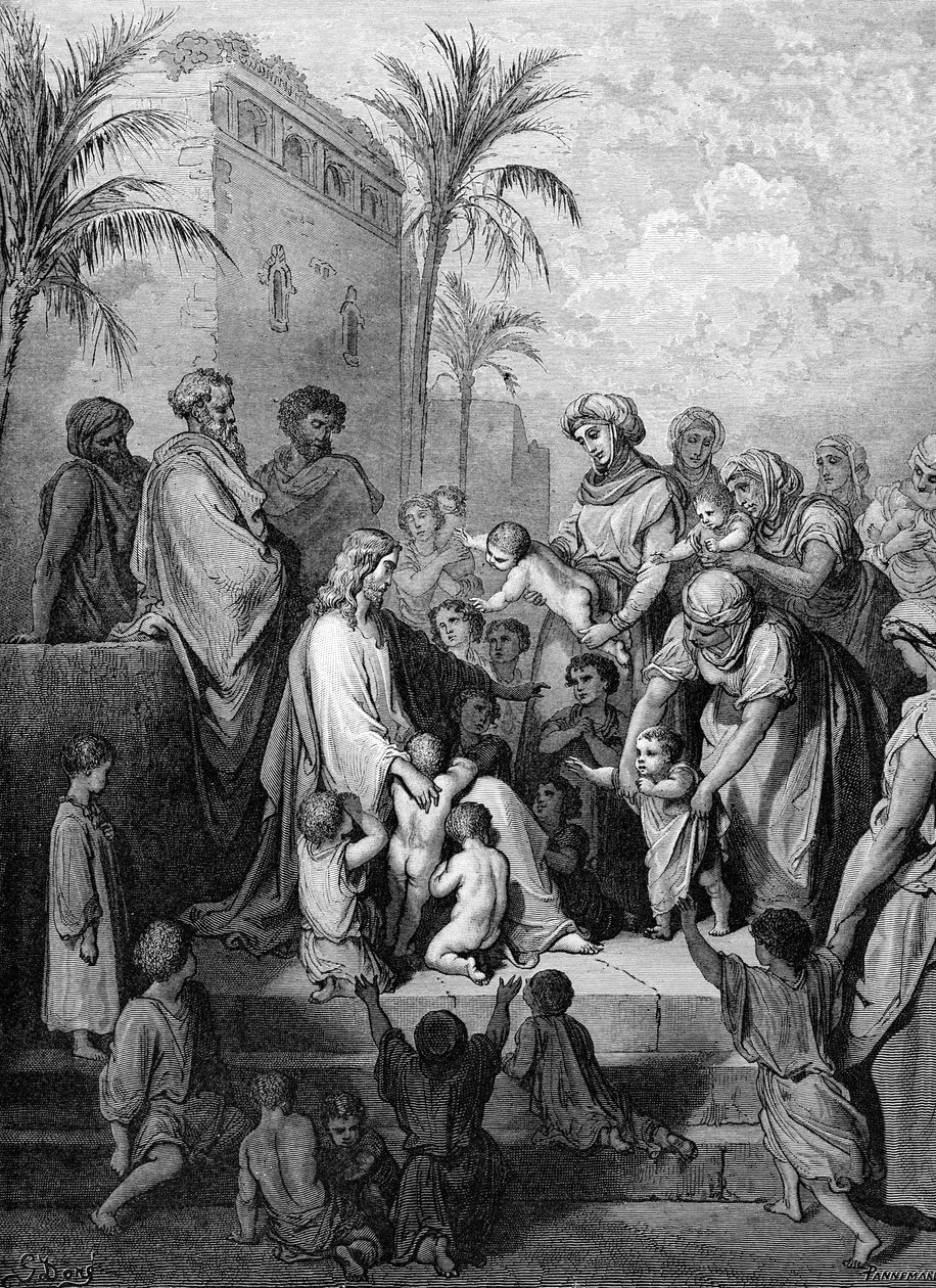 Jesus velsigner børnene, gravering af Doré. - Bibel af Gustave Dore