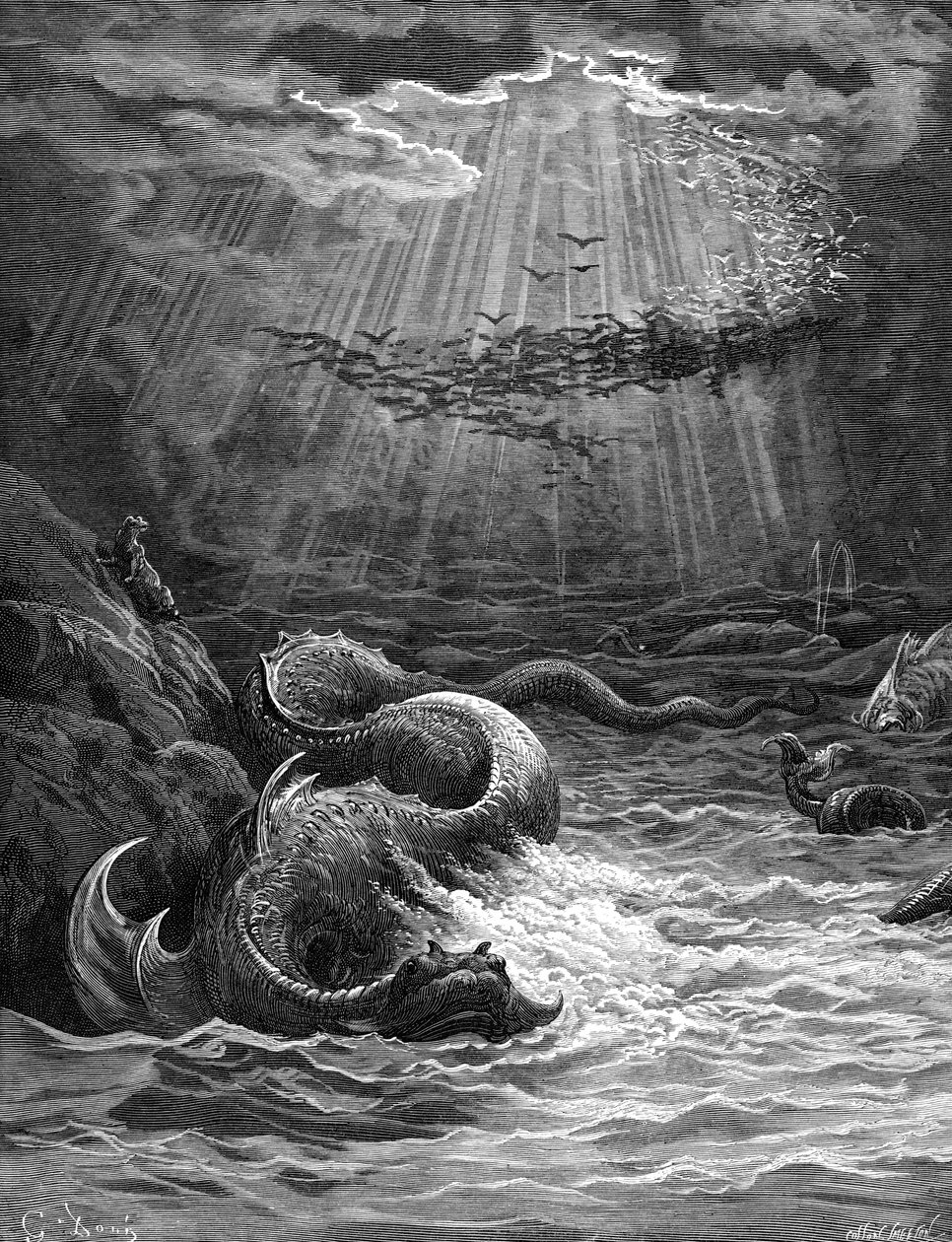 Paradise Lost: Skabelsen af fiskene og fuglene. af Gustave Dore